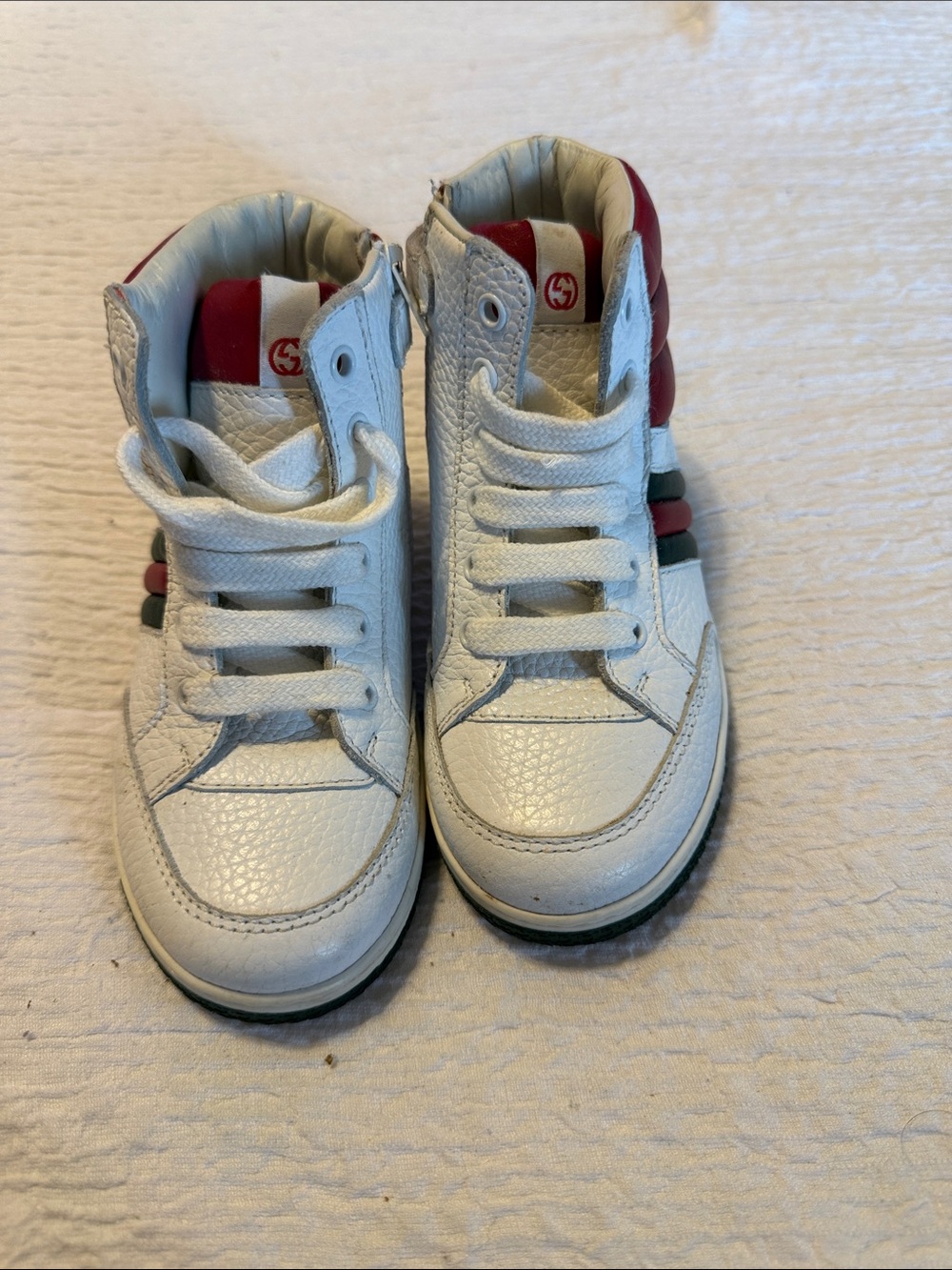 Gucci White High-Top Kids Sneakers with Red & Green Stripes